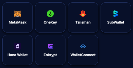 PCで接続できるEVMウォレットには、MetaMask、OneKey、Talisman、SubWallet、Hana Wallet、Enkrypt、WalletConnectがあります。