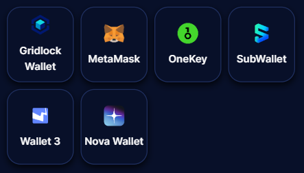 スマホで接続できるEVMウォレットはPCと少し変わります。
GridlockWallet、MetaMask、OneKey、SubWallet、Wallet3、Nova Wallet